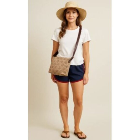 Dooney & Bourke Beige Signature Logo Canvas Shoulder Bag  Brown Leather Strap - Picture 1 of 10
